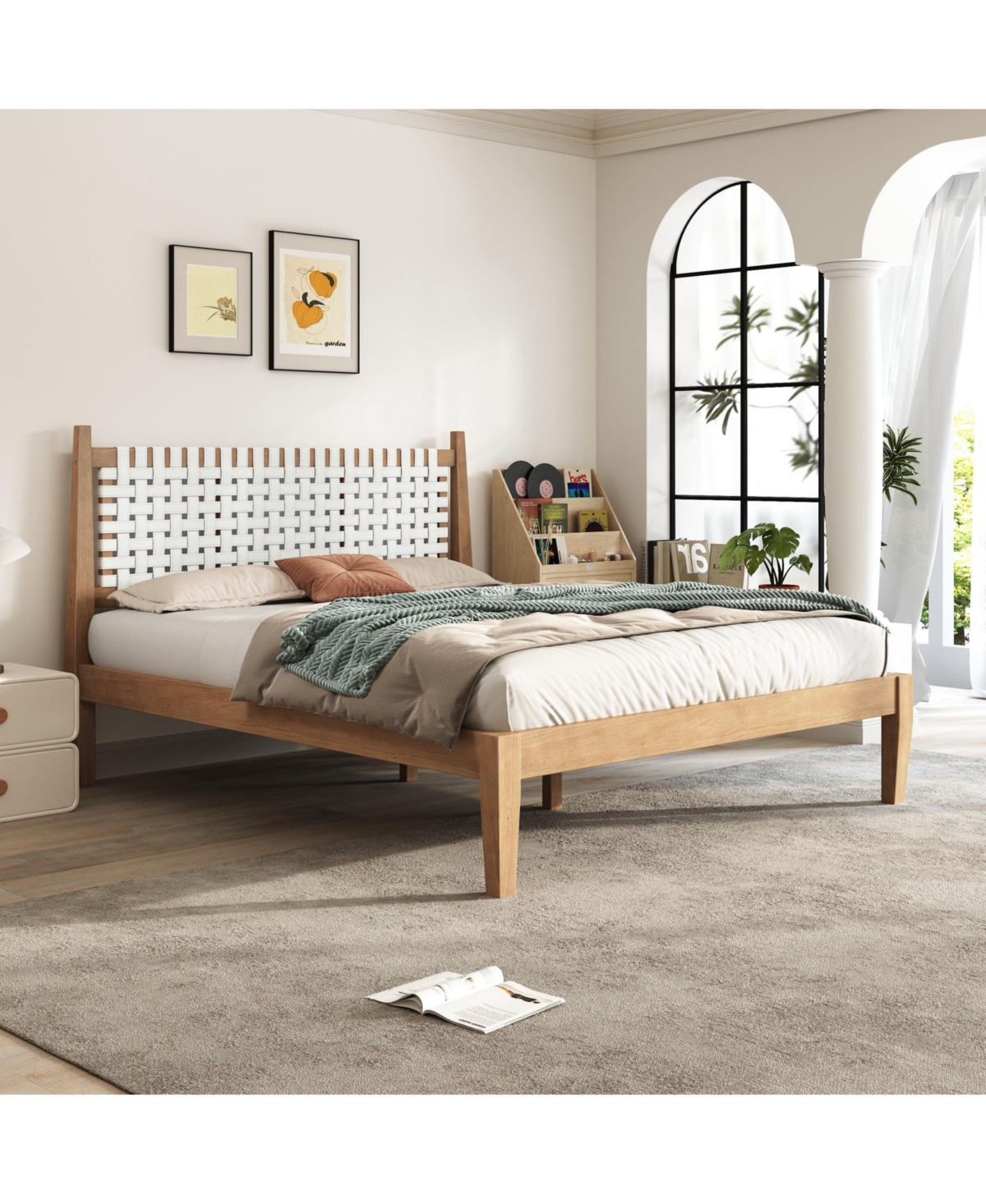 Boyel Living Queen Bed with Woven White Leather Back and Natural Wood Frame
