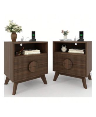 2PCS Fluted Night Stand Wood Tall Nightstands With Charging Station USB Ports And Outlets Nightstand Bedside Table