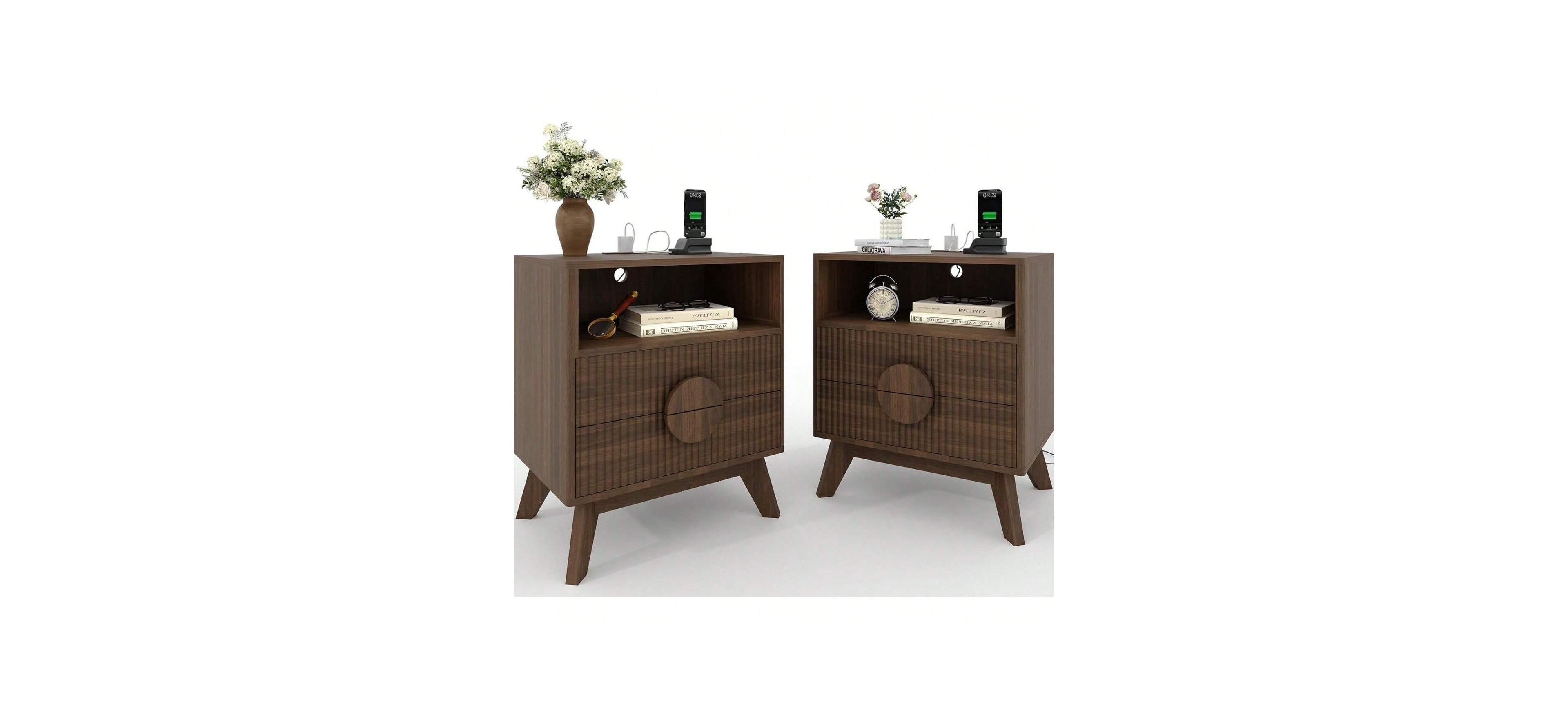 gaomon 2PCS Fluted Night Stand Wood Tall Nightstands With Charging Station Usb Ports And Outlets Nightstand Bedside Table