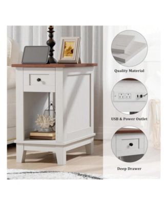 Narrow Side Table With Charging Station Small Farmhouse End Tables Storage Nightstand Bedside Tables Living Room