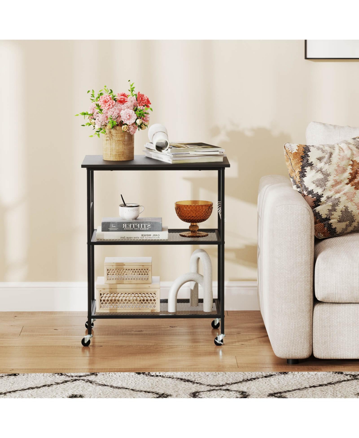 Costway 3-Tier Kitchen Serving Cart Utility Standing Microwave Rack with Hooks Rustic