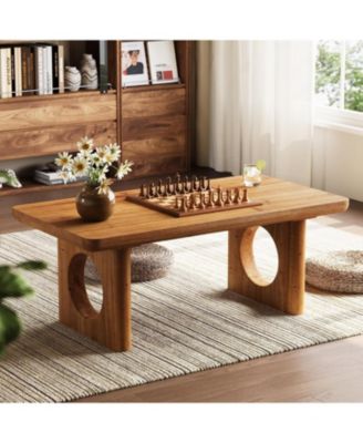 Solid Wood Coffee Table, Modern Farmhouse Coffee Table with Thick Tabletop, Rectangle Center Table