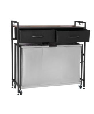 3-Section Laundry Sorter, Rolling Hamper with Wood Top, 2 Drawers, Hooks & Wheels, Pull-Out Bags, Bathroom Organizer