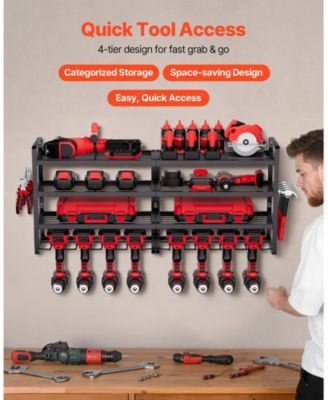 Wall-Mount Tool Organizer, 4-Tier Rack with 8 Drill Holders & Screwdriver Slots.
