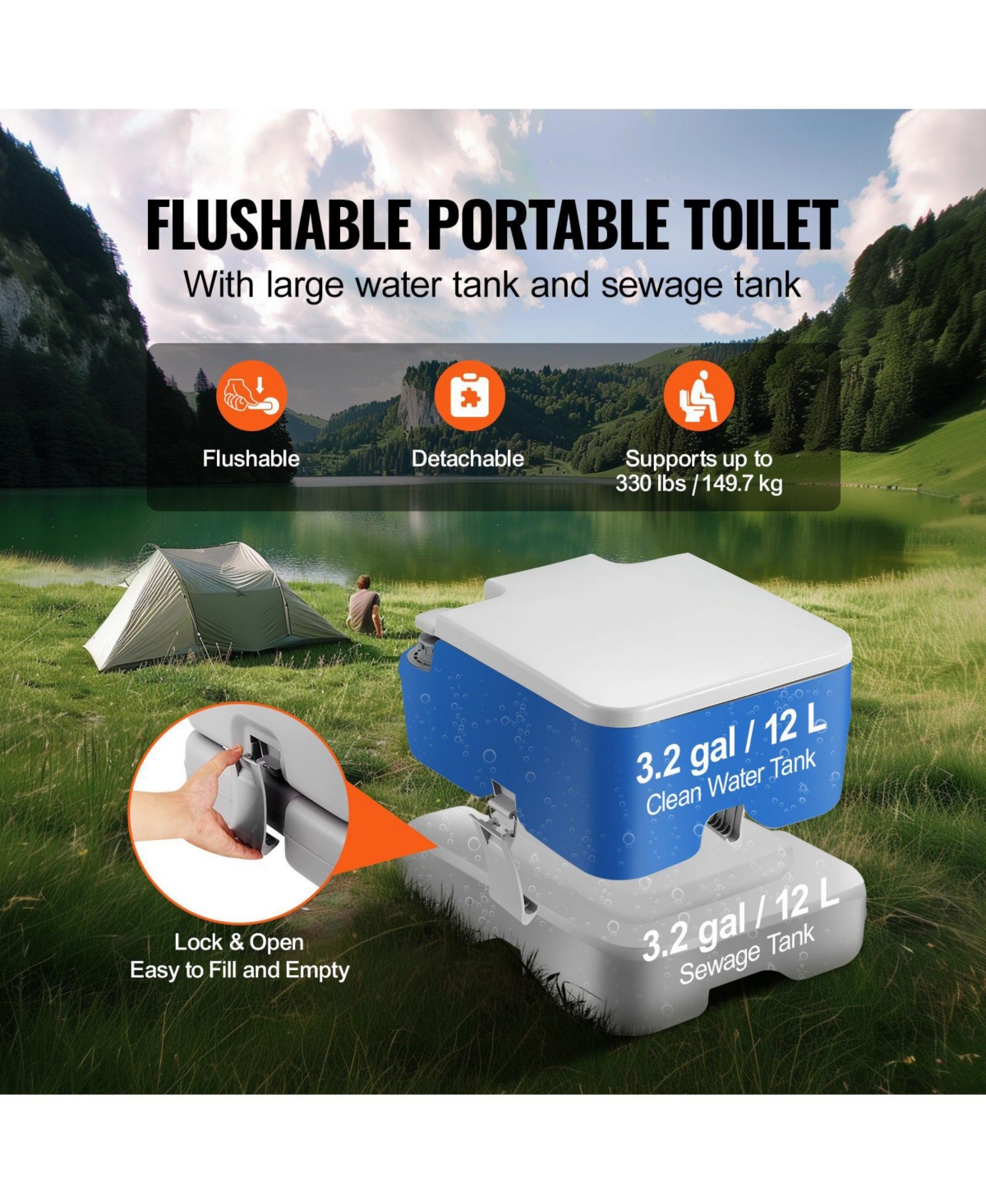 Mecale Portable Camping Toilet with Carry Bag, Rv Toilet with 3.2 Gal Waste Tank, Push-Button Pressurized Flush Commode