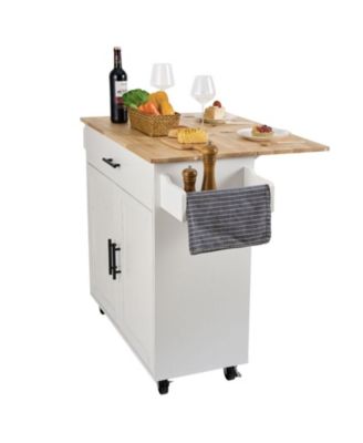 Kitchen Island Cart with Solid Wood Top, 35.4" Wide, Storage Cabinet, Drop Leaf, Drawer, Spice Rack, Towel Rack, Rolling, White