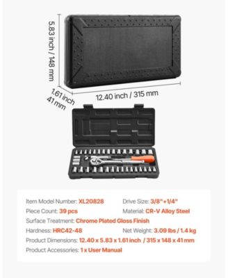 39-Piece Socket & Ratchet Set, 1/4" & 3/8" Drive SAE & Metric, Ratchet Wrench, Accessories, Storage Case, CR-V Steel