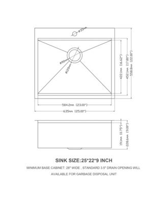 25"x22"x9" Stainless Steel Kitchen Sink Workstation, Single Bowl, 16 Gauge.