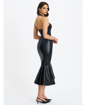 Women's Gardenia Black Leather Midi Sweetheart Halter Flared Dress