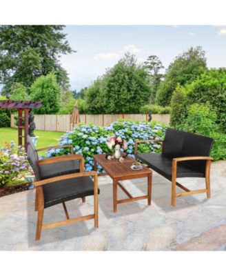 4PCS Patio Rattan Seating Set with Acacia Wood Base