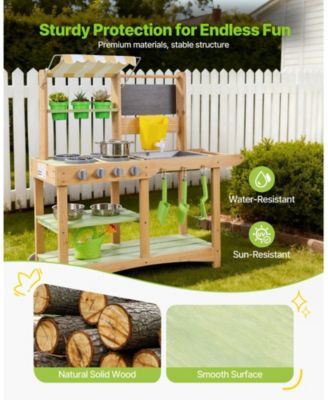 Kids Outdoor Mud Kitchen, Wooden Play Kitchen with Sink, Sunshade Canopy & Swivel Wheels, Spoons, Cookware Pots & Accessories