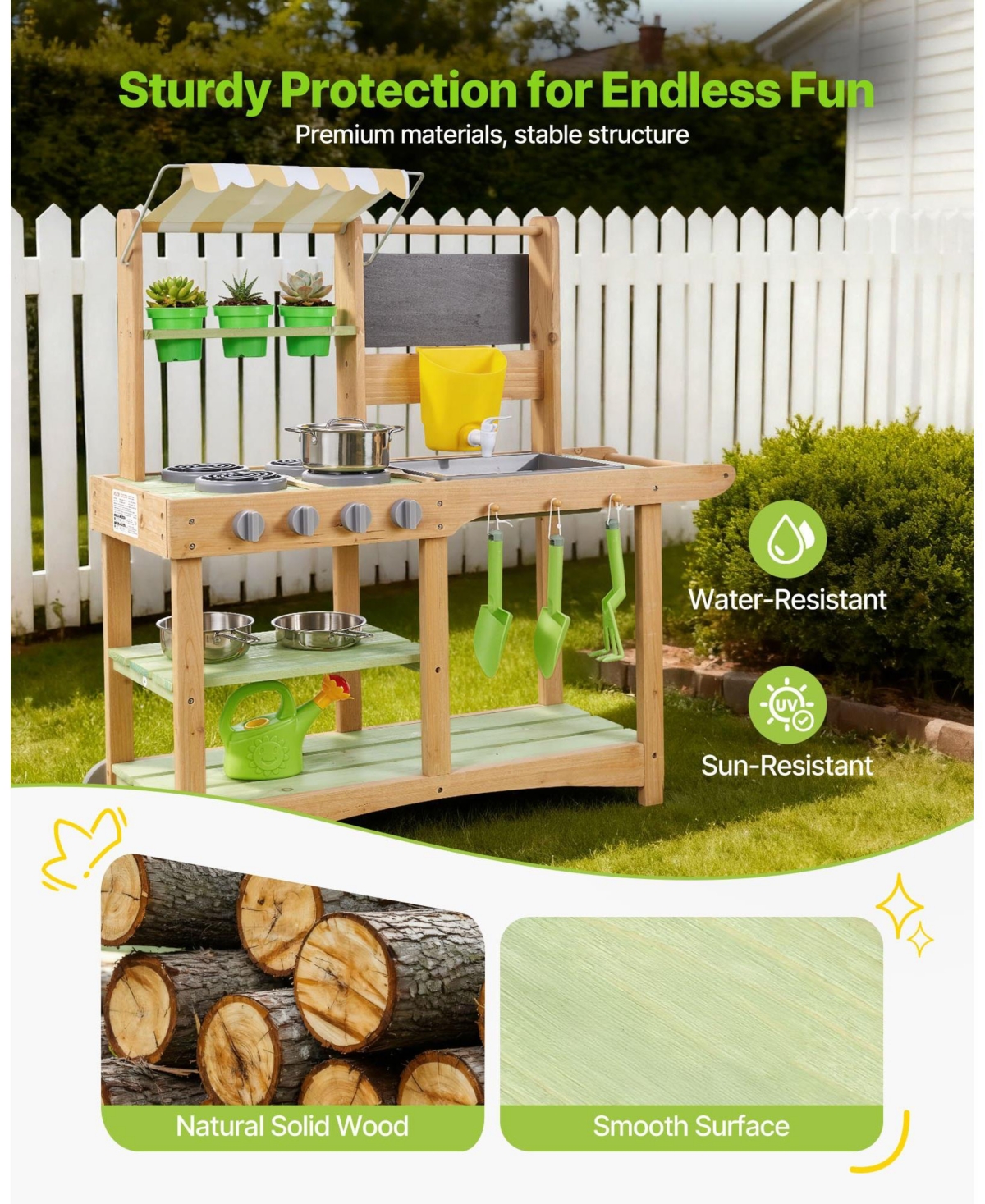 Mecale Kids Outdoor Mud Kitchen, Wooden Play Kitchen with Sink, Sunshade Canopy & Swivel Wheels, Spoons, Cookware Pots & Accessories