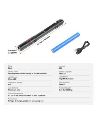 Rechargeable LED Pen Light, 5.9", 300 Lumens, 3 Light Modes, Adjustable Focus, IP44 Waterproof