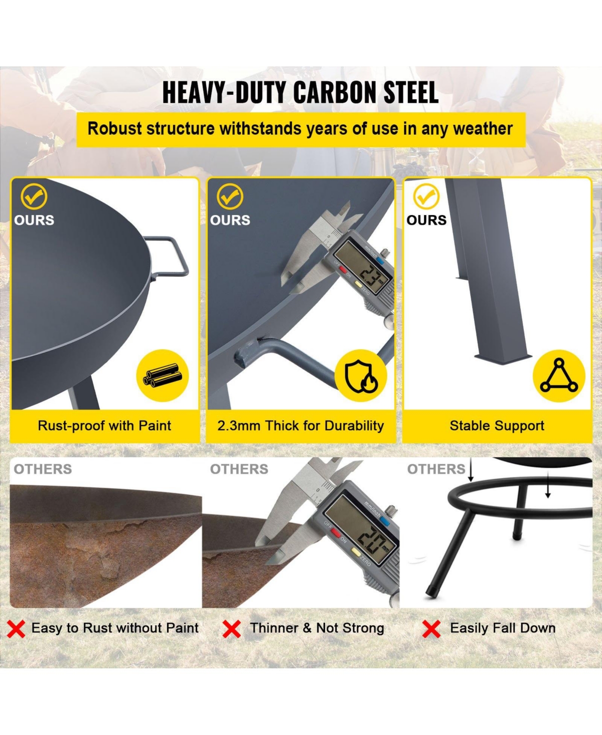 Ecooso 34-Inch Round Carbon Steel Fire Pit Bowl, Wood Burning Fire Bowl with Drain Hole, Portable Handles and Firewood Stick, Black