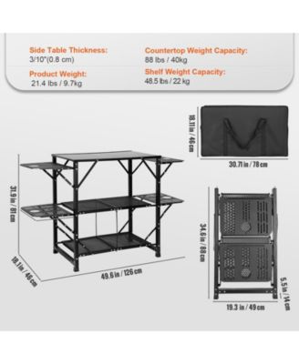 Camping Kitchen Table Cook Station, One-Piece Folding Portable Aluminum Table with Carrying Bag, 4 Side Tables and 2 Shelves