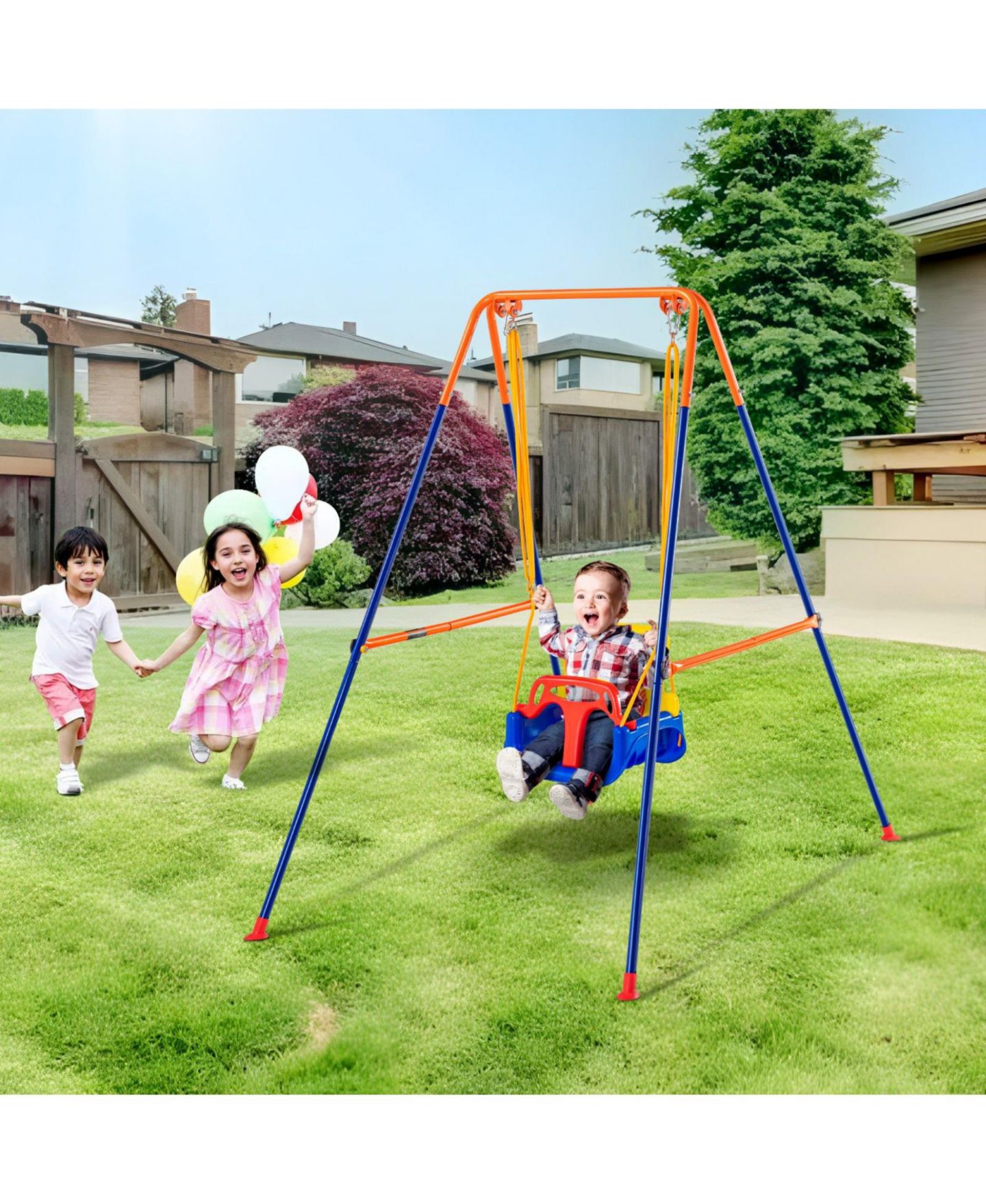 Детские игрушки Mecale 3-in-1 Toddler Swing Set with Foldable Metal Stand and 4 Sandbags, Ages 3+ — фото 1