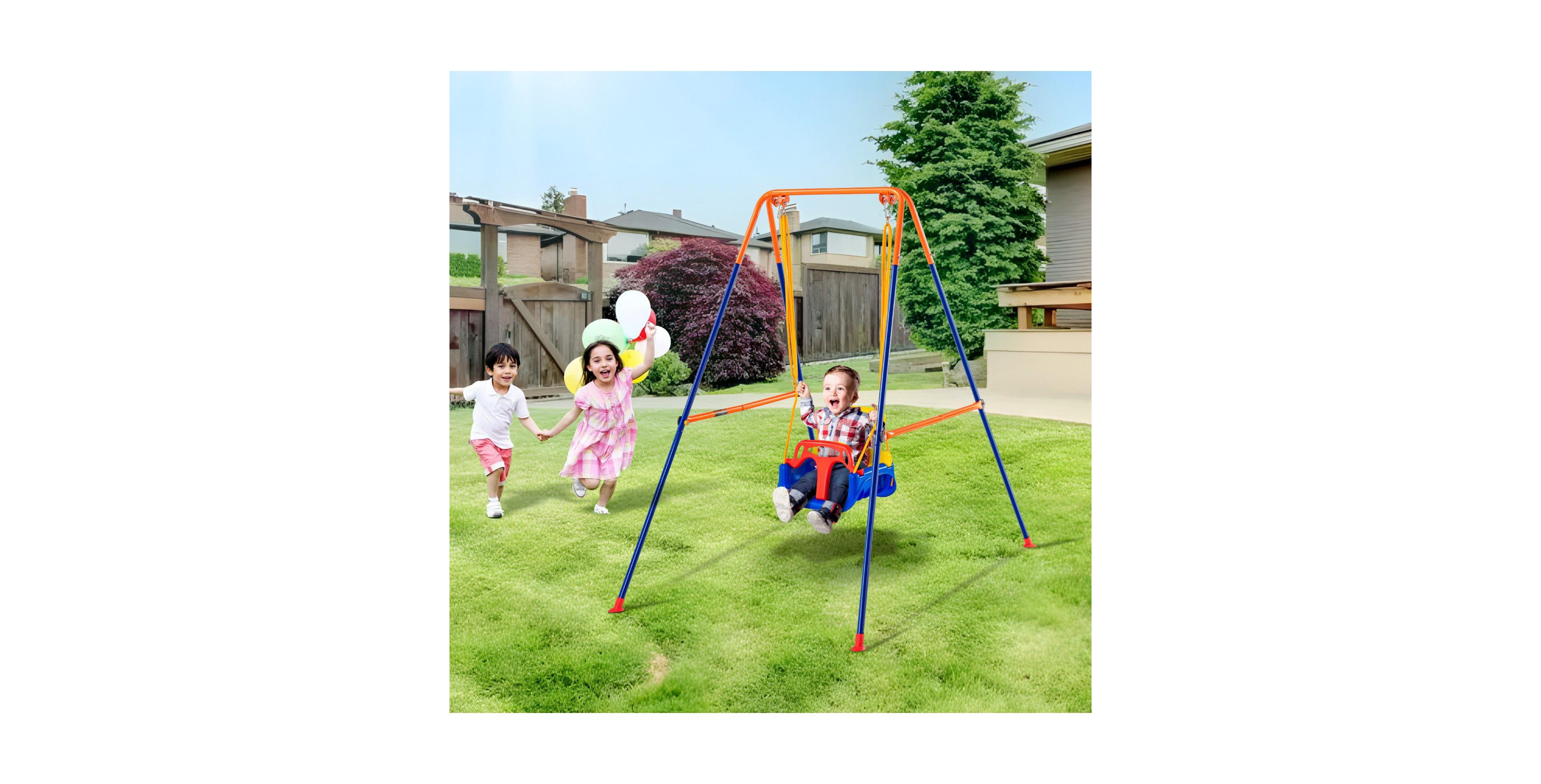 Mecale 3-in-1 Toddler Swing Set with 4 Sandbags, Foldable Metal Stand, Easy to Assemble, Indoor and Outdoor Swing Set for Kids