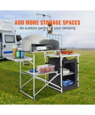 Camping Kitchen Table, Folding Aluminum Cook Station with Cupboard, Detachable Windscreen, Carrying Bag, Quick Setup, Black