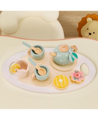 15-Piece Wooden Tea Set for Kids, Pretend Play Toy with Teapot, Cups & Treats