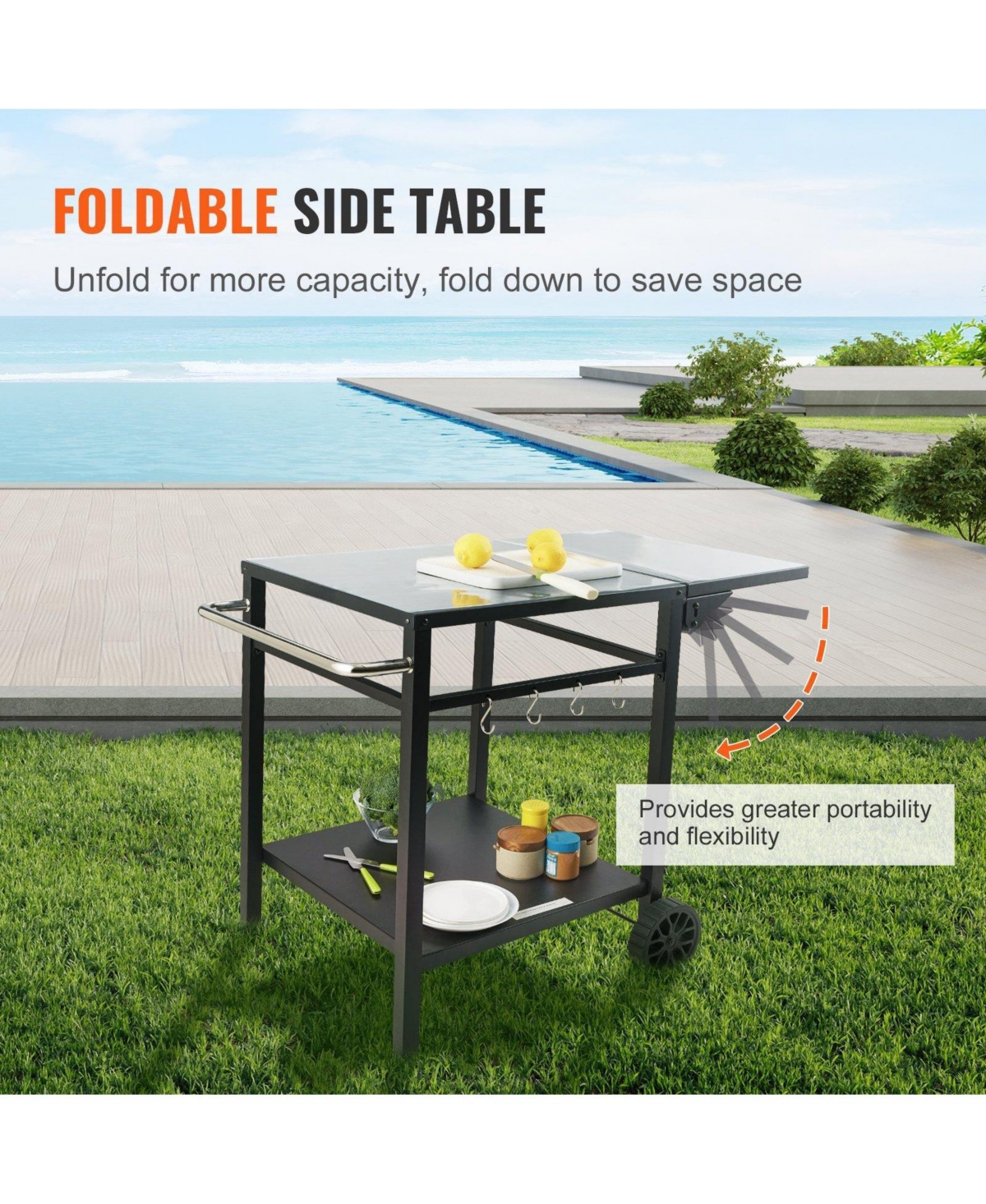 Mecale Outdoor Grill Prep Cart, Double-Shelf Folding Iron Table with Wheels, Carry Handle, for Bbq & Pizza Oven