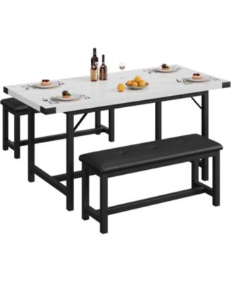 3-Piece Extendable Dining Table Set for 4-6, Marble White Table with 2 Upholstered Benches, Space-Saving Kitchen & Dining Room Set