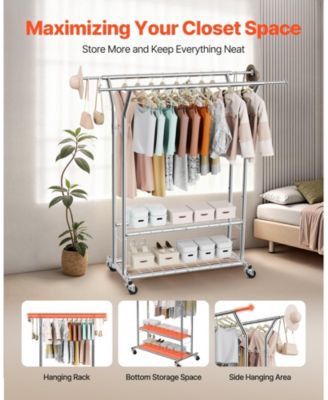Rolling Clothes Rack with 2 Hanging Rods & 2 Shelves, Adjustable Height, 264 lb Capacity, Carbon Steel Garment Rack with Wheels
