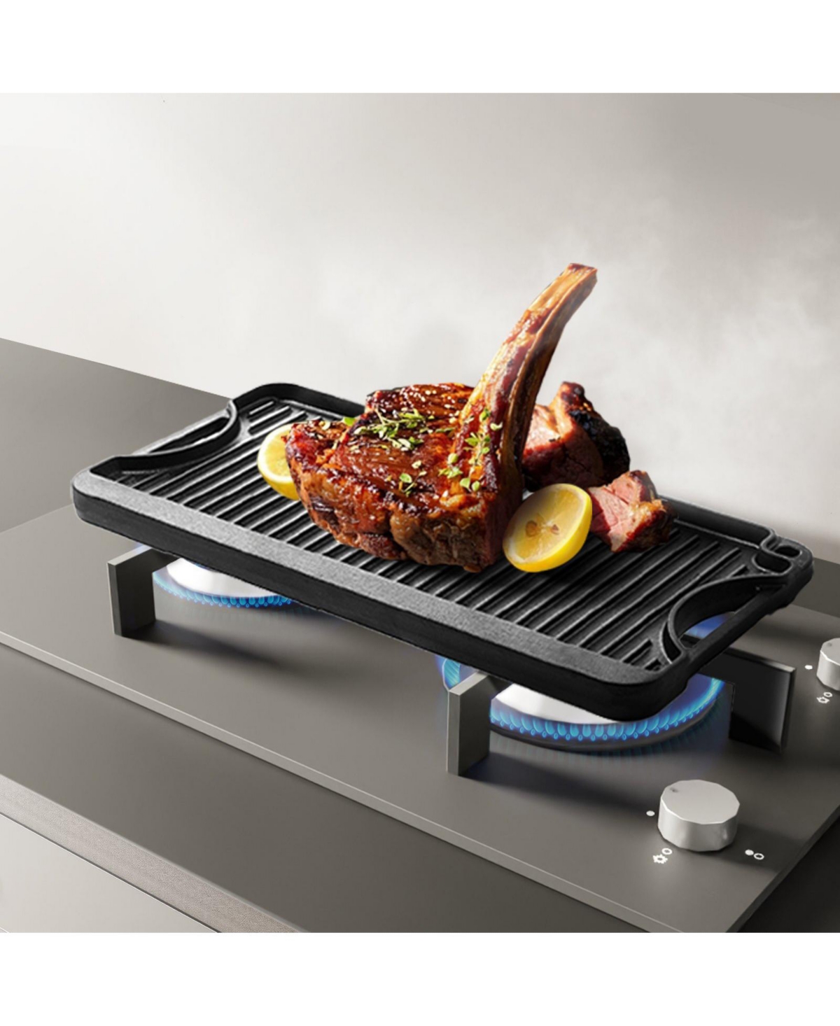 Ecooso 20 x 10 in Reversible Cast Iron Grill/Griddle, Pre-Seasoned Rectangular Griddle Pan with Handle, for Stove Top and Camping Bbq, Black