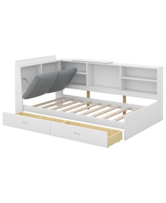 Wood Twin Size platform bed with Storage Headboard, Shelves and 2 Drawers