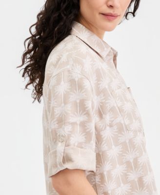 Women's 100% Linen Print Roll-Tab Camp Shirt