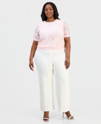 Plus Size Lace-Front Short-Sleeve Sweater