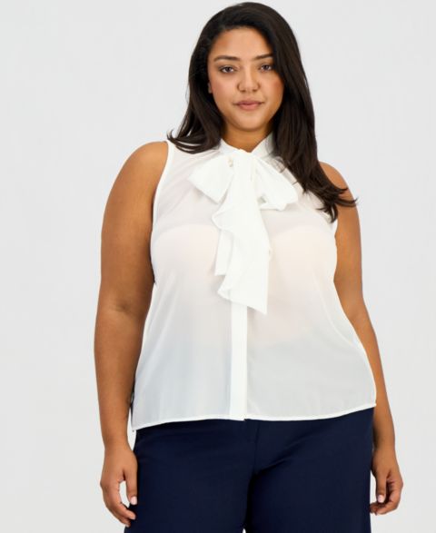 Женская блузка Tahari ASL Plus Size Sleeveless Ruffled Bow, цвет: Слоновая кость