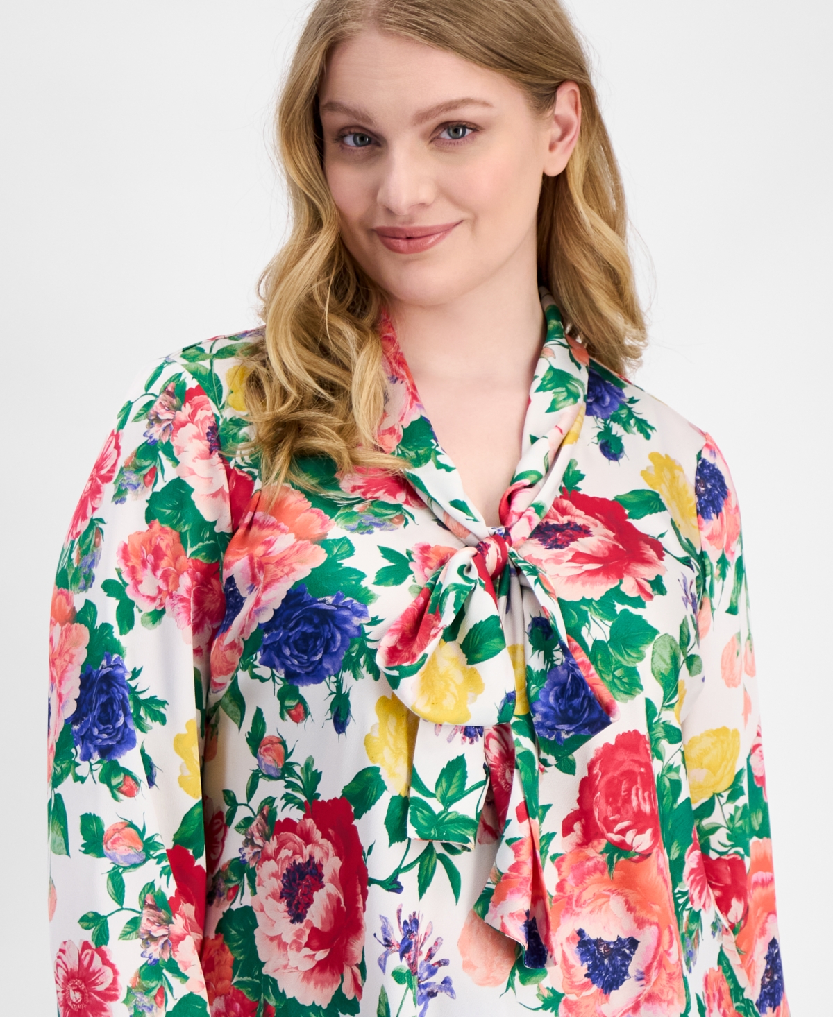 Tahari Asl Plus Floral Print Tie-Neck Blouse