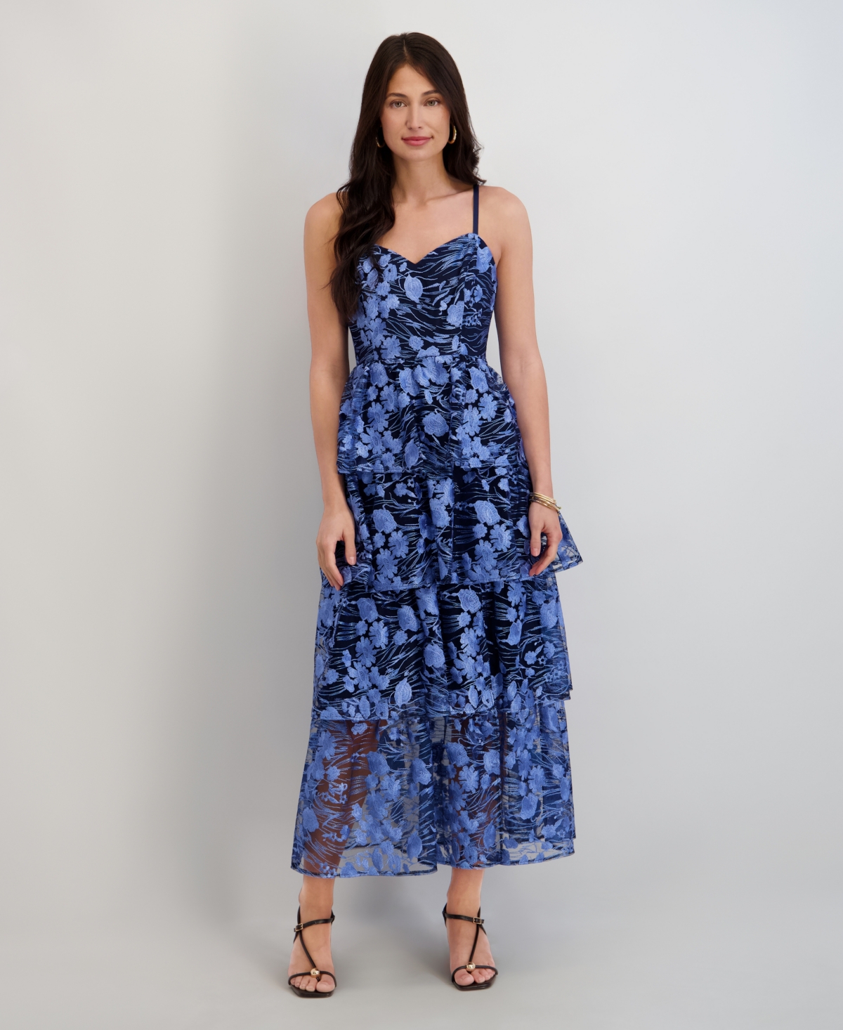 Siena Women's Embroidered Mesh Sleeveless Maxi Dress In Blue