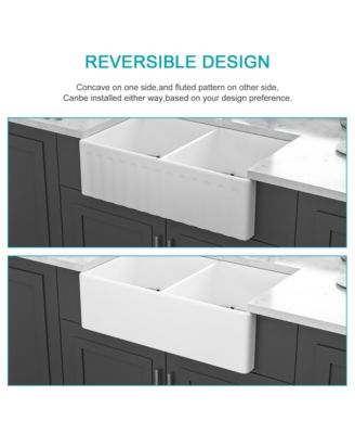 huluwat 33x20x10inch White Farmhouse Sink Ceramic Porcelain Double Bowl Reversible Design