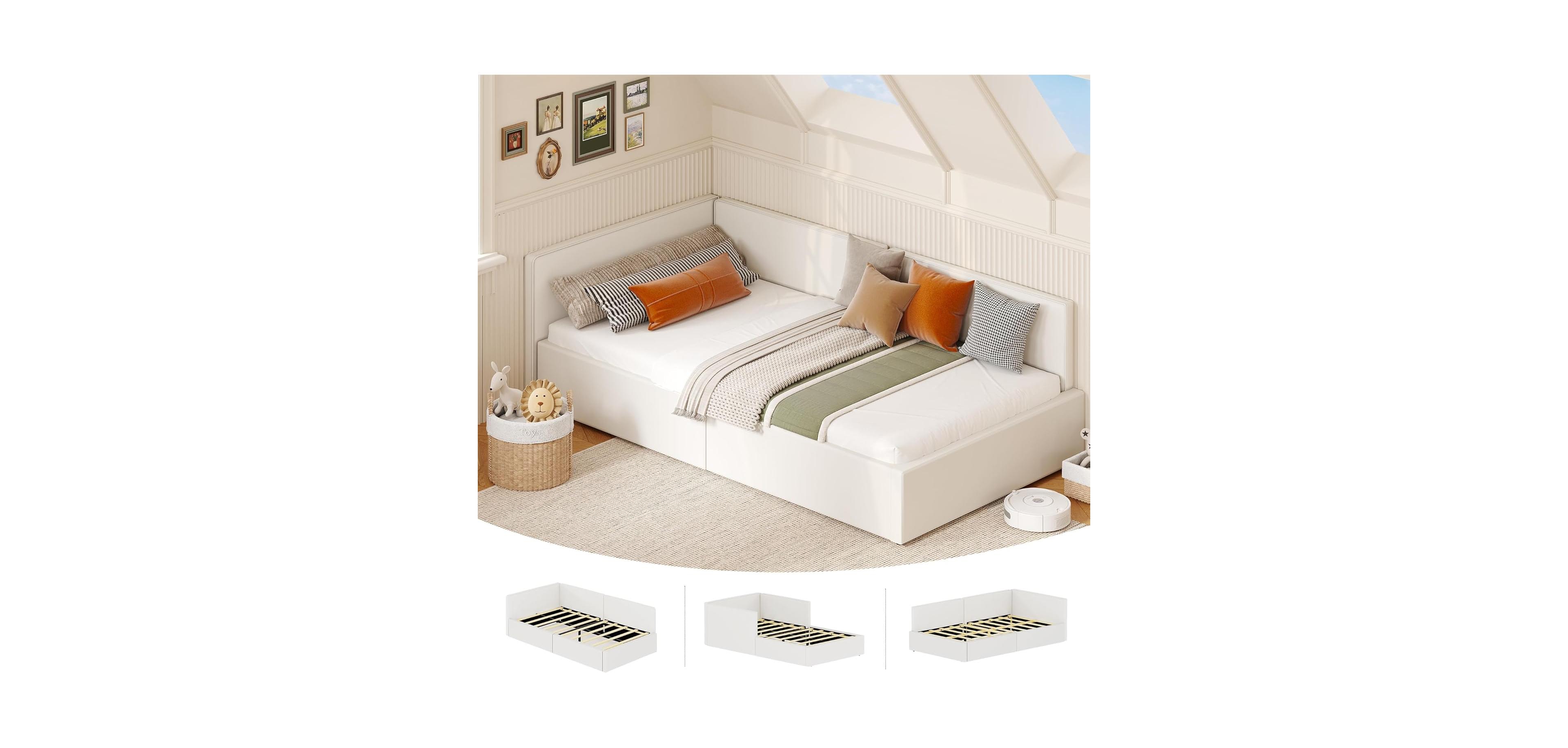 gaomon Daybed with Guardrails, Velvet Upholstered Corner Bed Frame, Adjustable Headboard