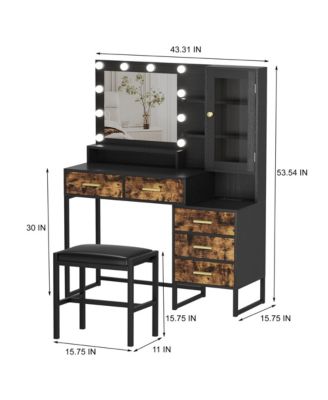 Makeup Vanity with Upholstered Stool & Charging Station, Vanity Desk with Mirror and Lights