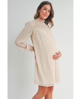 Maternity Smocked Neck Long Sleeve Textured Dot Dress
