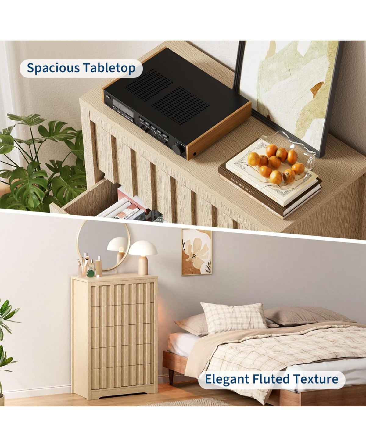 gaomon Modern Fluted Dresser for Bedroom, Wooden Chest of Drawers, Handleless Storage Organizer with Deep Drawers for Clothes