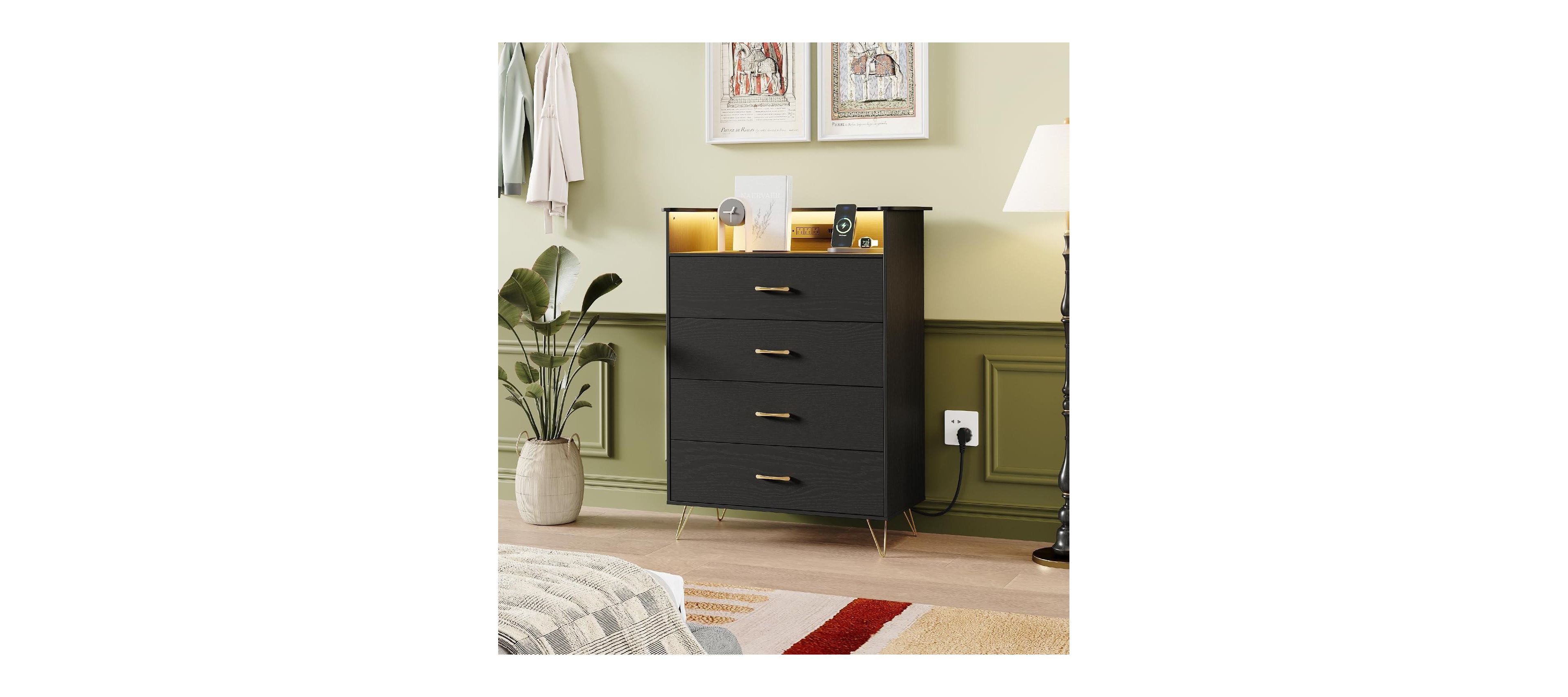 gaomon Tall 4-Drawer Dresser with Rgb Lights & Charging Station, App Controlled Music Sync Led