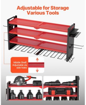 Wall-Mount Power Tool Organizer, 4-Tier Storage Rack with 8 Drill Holders, Side Pegboards, Garage Tool Storage Rack