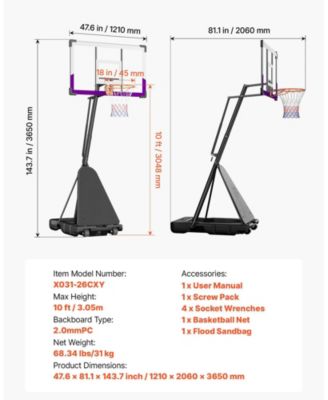 Portable Basketball Hoop, 10 ft Height Adjustable Stand with 48" PC Backboard, Outdoor/Indoor Goal System