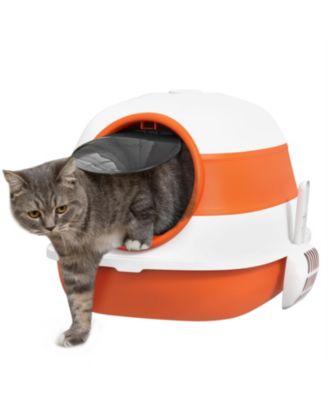Foldable Two-Way Entry Cat Litter Box with Lid & High Sides, Includes Air Freshener