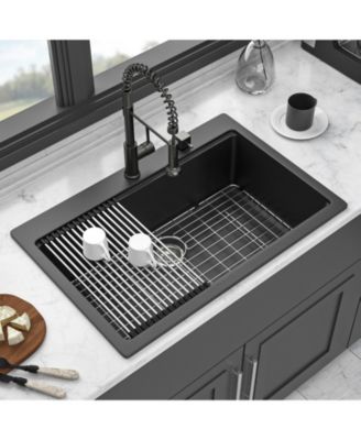 33x22x9.65 Inch Black Granite Composite Quartz Workstation Drop In Kitchen Sink