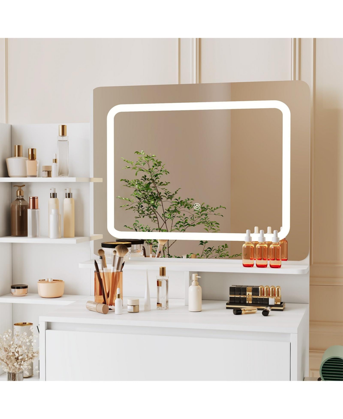 gaomon Vanity Set with Mirror and Adjustable Lights, Makeup Table Built-in Charging Station, Desk 4 Drawers,