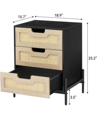 Rattan Nightstand with 3 Drawers, Storage Night Table, Bedside Cabinet with Shelves for Bedroom, Living Room