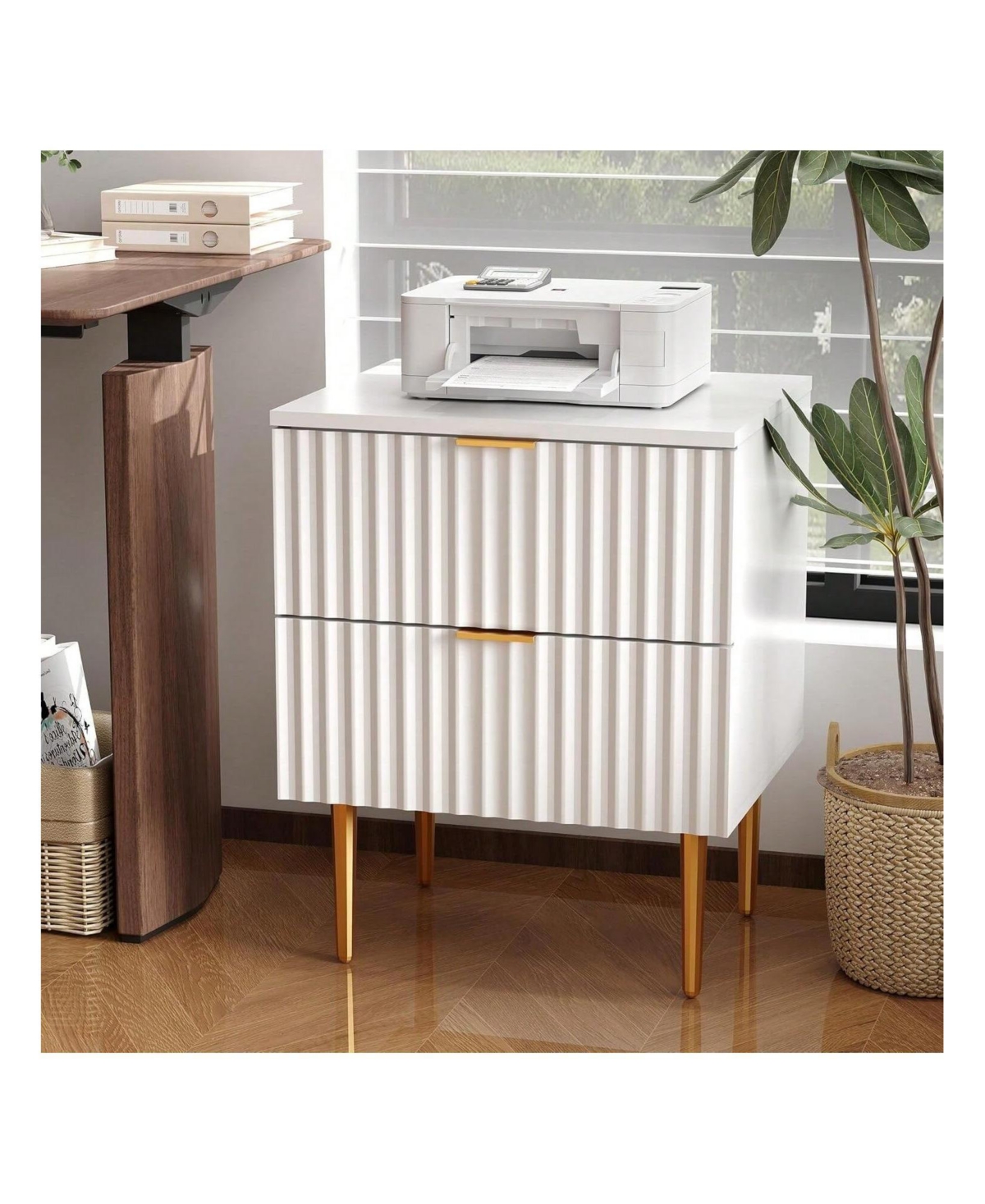 gaomon Modern Nightstand With 2 Drawers Golden And Wood Fluted Night Stand With Charging Station Bedside Table With Usb Ports