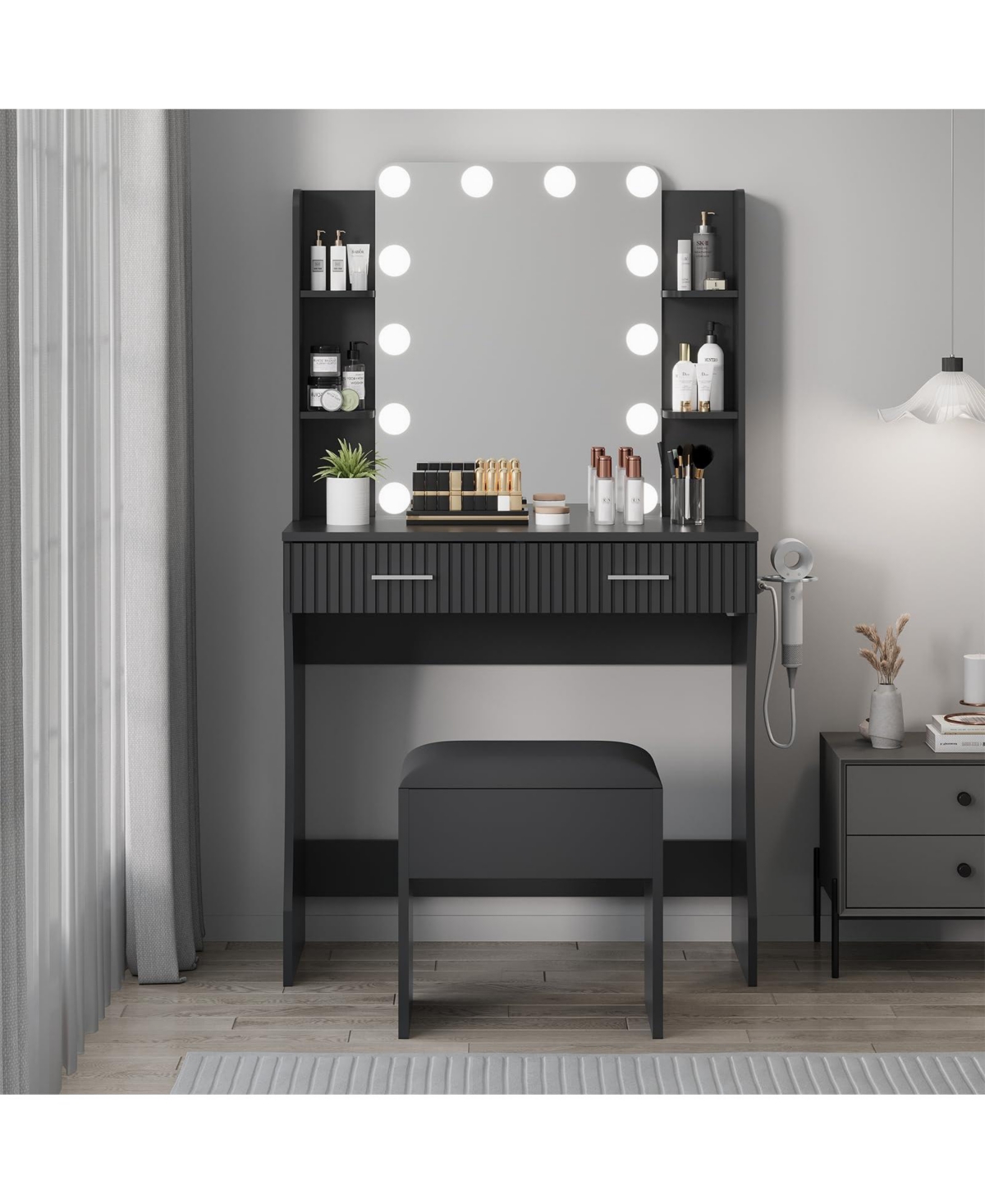 gaomon Dressing Table with 12 Led Mirror and Stool,Modern Vanity Desk Power Outlet,2 Drawers 6 Shelve for Cosmetics Storage