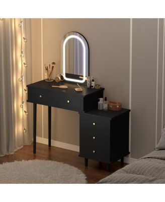Makeup Vanity Desk with Lights and Mirror, Modern Dressing Table with 2 Drawers & 3-Drawer Cabinet, Adjustable LED Lighting Wood Vanity