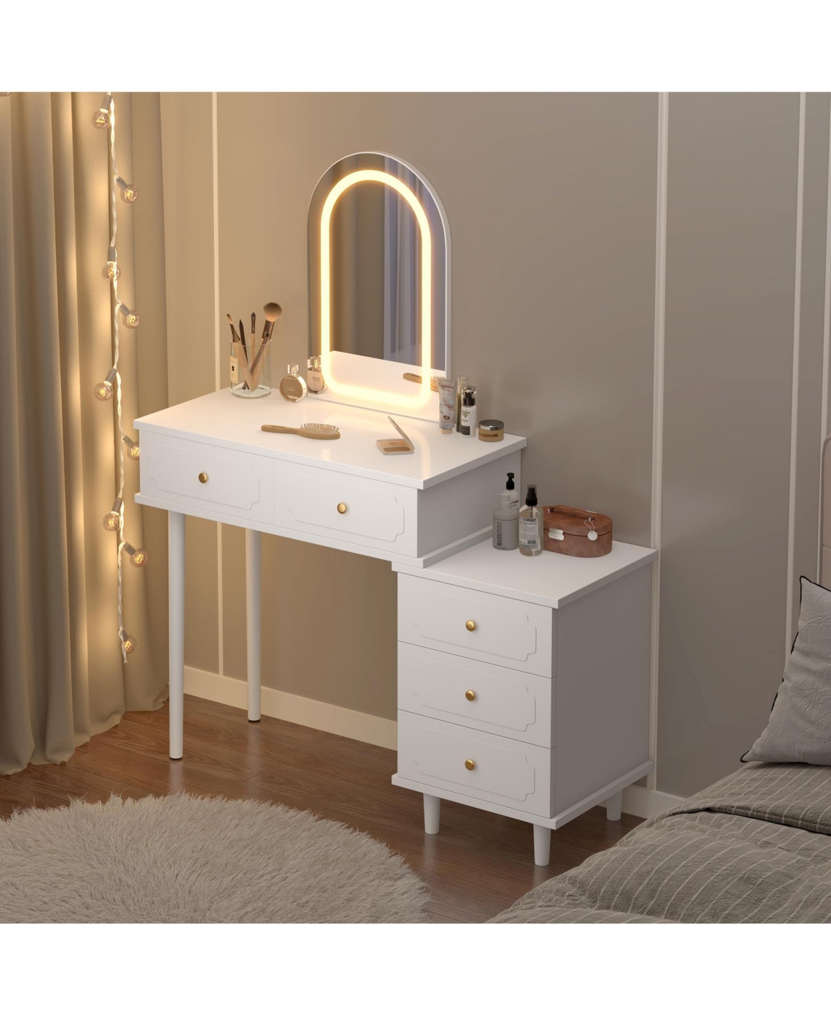 gaomon Makeup Vanity Desk with Lights and Mirror, Modern Dressing Table 2 Drawers & 3-Drawer Cabinet, Adjustable Led Lighting Wood
