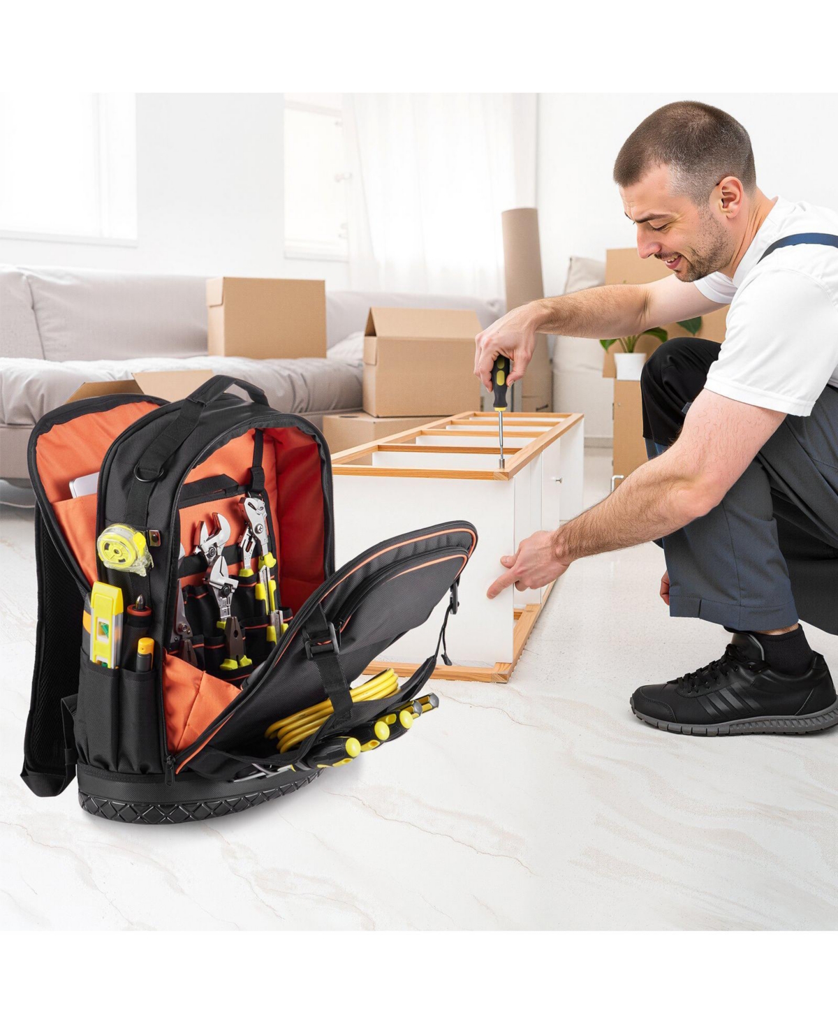 Mecale Tool Backpack with Tools, 65 Pockets, Heavy-Duty Tool Organizer with Laptop Compartment & Molded Base, Jobsite Backpack